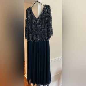 J Kara 3/4 Sleeve Scallop Beaded Pop Over Gown Navy Blue Size 20W